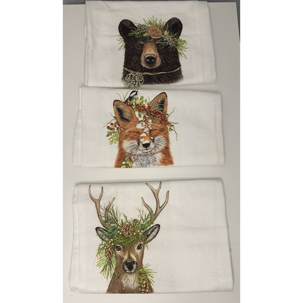 Mary Lake-Thompson Winter Animals Bear Buck Fox Snow Kitchen Towels Set Of 3